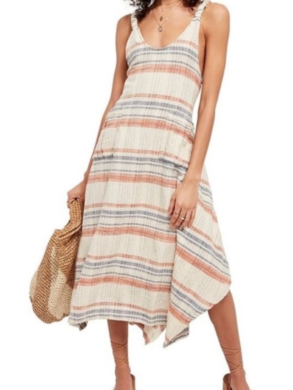 Free People Harper Striped Midi Dress in Natural Combo Size XS